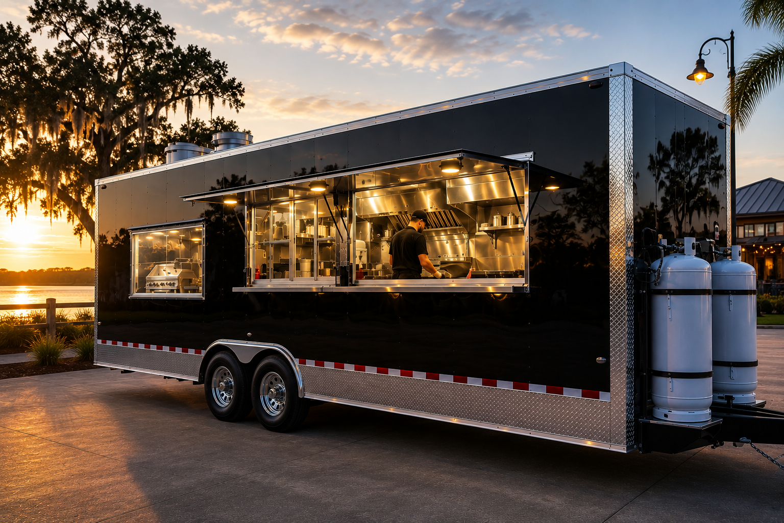 Black concession trailer with an open serving window and lit working kitchen